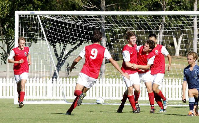 Ipswich Grammar School striker Tom Webster shares the excitement with teammates after scoring the winning goal against Brisbane Grammar last weekend. Ipswich Grammar School striker Tom Webster shares the excitement with teammates after scoring the winning goal against Brisbane Grammar last weekend.